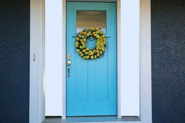 Blue Door with Tulip Wreath | McSwain Carpet & Floors